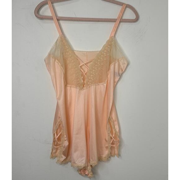 Md (36) VTG 80s Sheer Madness Peach Lace Teddy Romper Lingerie Coquette Romantic - Picture 1 of 7